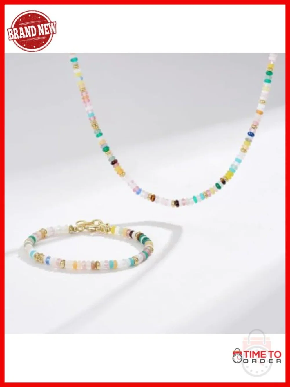 Boho Handmade Gemstone Bead Choker Necklace & Bracelet Set with Gold Spacers
